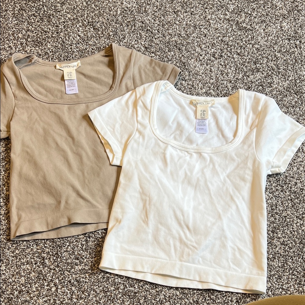 Tan and White Short Sleeve Tops